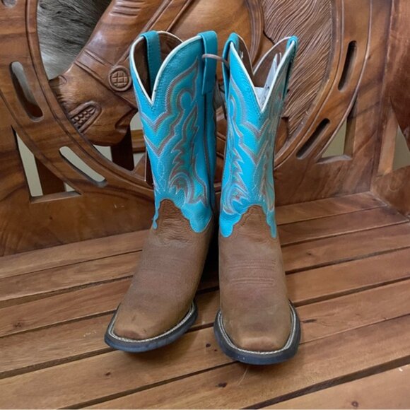 Tony Lama Women's Brown & Turquoise Square Toe Cowgirl Western Boots Size 5B NEW - Picture 4 of 13